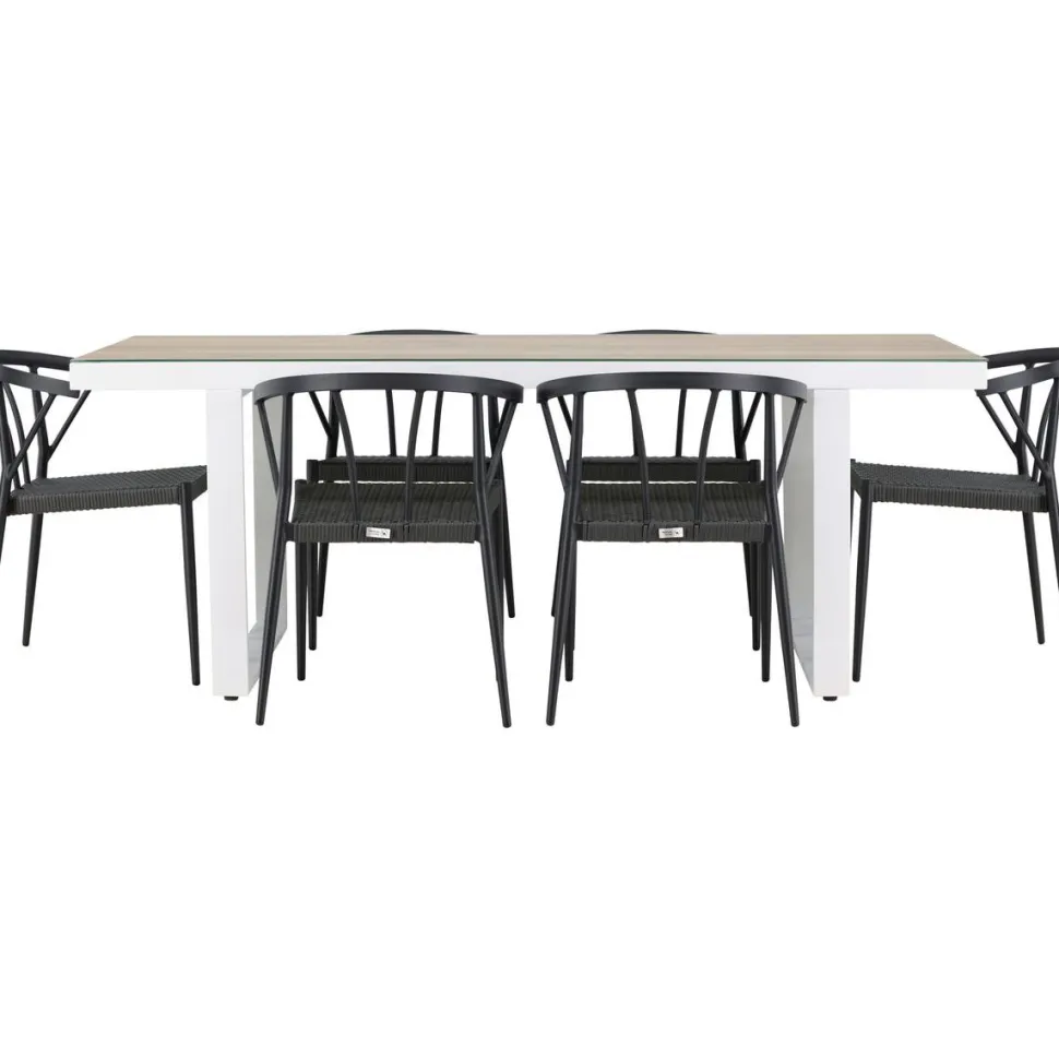 Ruokailuryhmä Venture Home, 200x90cm, beige/valkoinen Merlo-pöytä + 6 mustaa Stina-tuolia