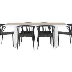 Ruokailuryhmä Venture Home, 200x90cm, beige/valkoinen Merlo-pöytä + 6 mustaa Stina-tuolia