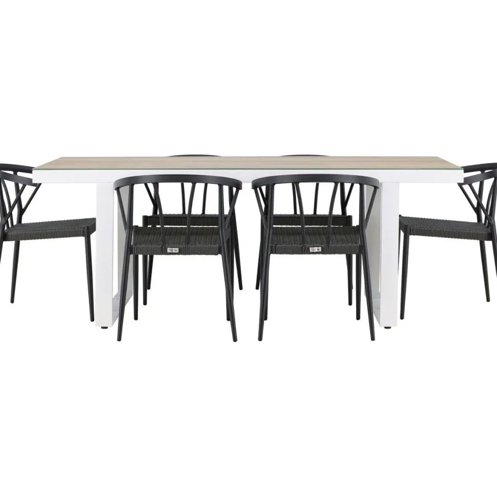 Ruokailuryhmä Venture Home, 200x90cm, beige/valkoinen Merlo-pöytä + 6 mustaa Stina-tuolia