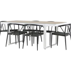 Ruokailuryhmä Venture Home, 200x90cm, beige/valkoinen Merlo-pöytä + 6 mustaa Stina-tuolia