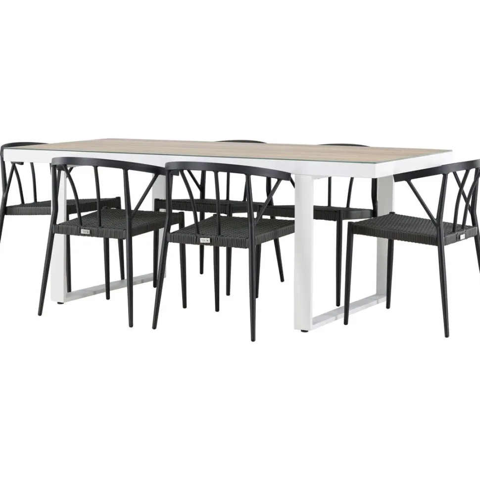 Ruokailuryhmä Venture Home, 200x90cm, beige/valkoinen Merlo-pöytä + 6 mustaa Stina-tuolia