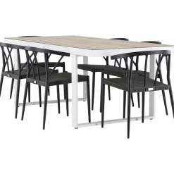 Ruokailuryhmä Venture Home, 200x90cm, beige/valkoinen Merlo-pöytä + 6 mustaa Stina-tuolia
