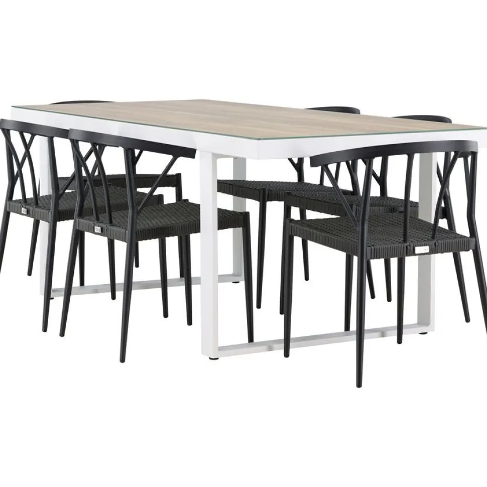 Ruokailuryhmä Venture Home, 200x90cm, beige/valkoinen Merlo-pöytä + 6 mustaa Stina-tuolia