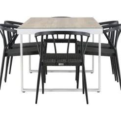 Ruokailuryhmä Venture Home, 200x90cm, beige/valkoinen Merlo-pöytä + 6 mustaa Stina-tuolia