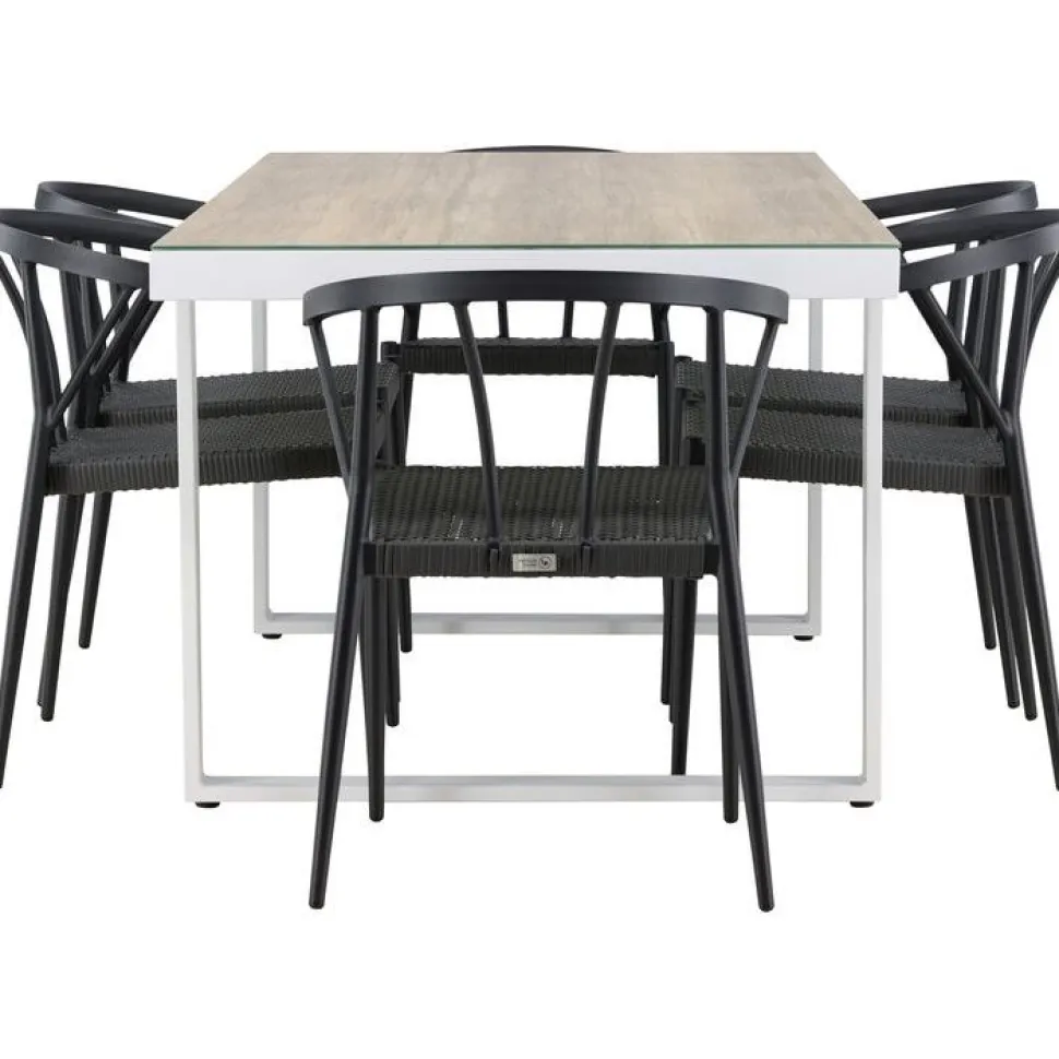 Ruokailuryhmä Venture Home, 200x90cm, beige/valkoinen Merlo-pöytä + 6 mustaa Stina-tuolia