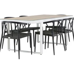 Ruokailuryhmä Venture Home, 200x90cm, beige/valkoinen Merlo-pöytä + 6 mustaa Stina-tuolia