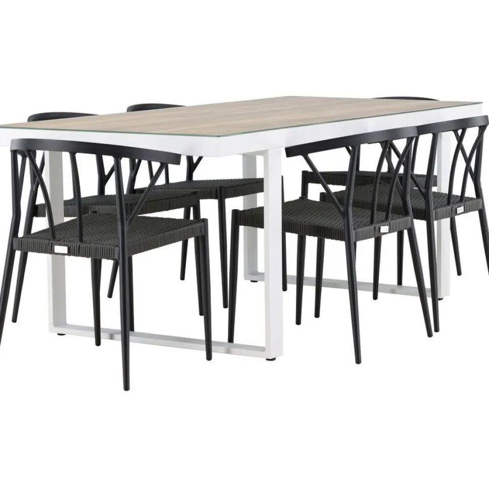 Ruokailuryhmä Venture Home, 200x90cm, beige/valkoinen Merlo-pöytä + 6 mustaa Stina-tuolia