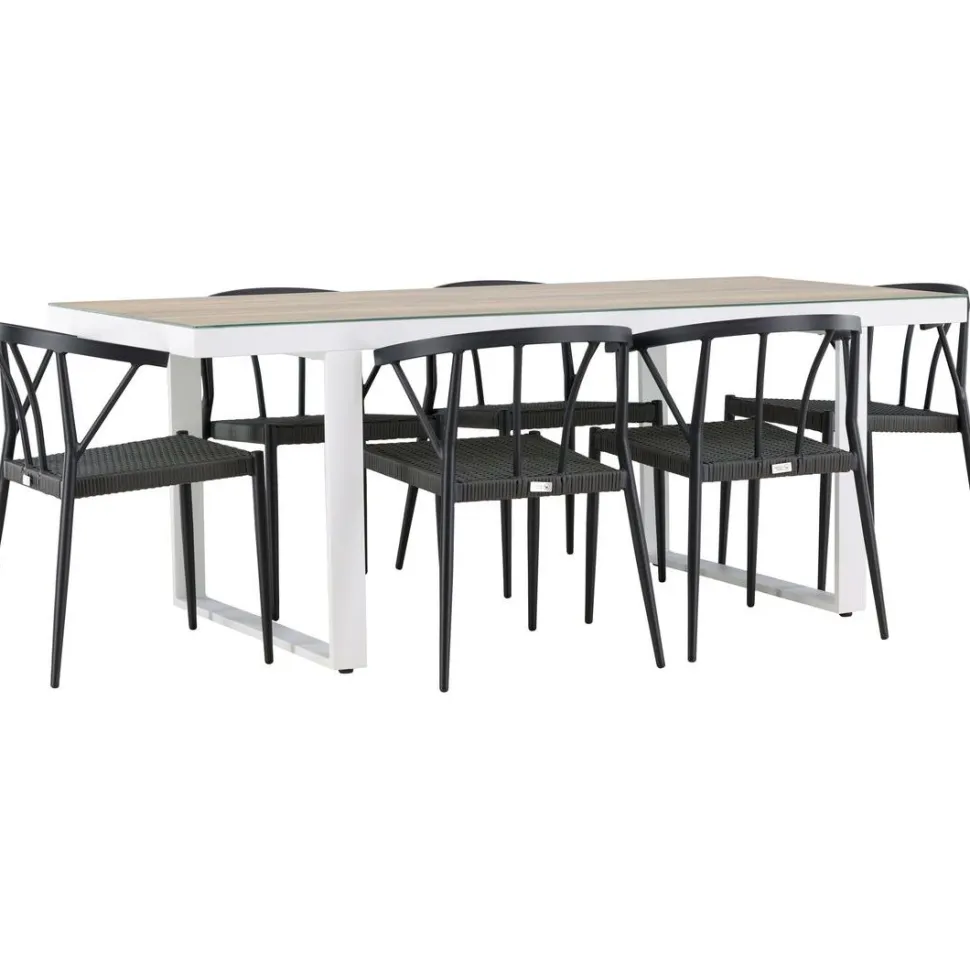 Ruokailuryhmä Venture Home, 200x90cm, beige/valkoinen Merlo-pöytä + 6 mustaa Stina-tuolia