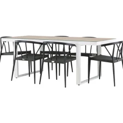 Ruokailuryhmä Venture Home, 200x90cm, beige/valkoinen Merlo-pöytä + 6 mustaa Stina-tuolia