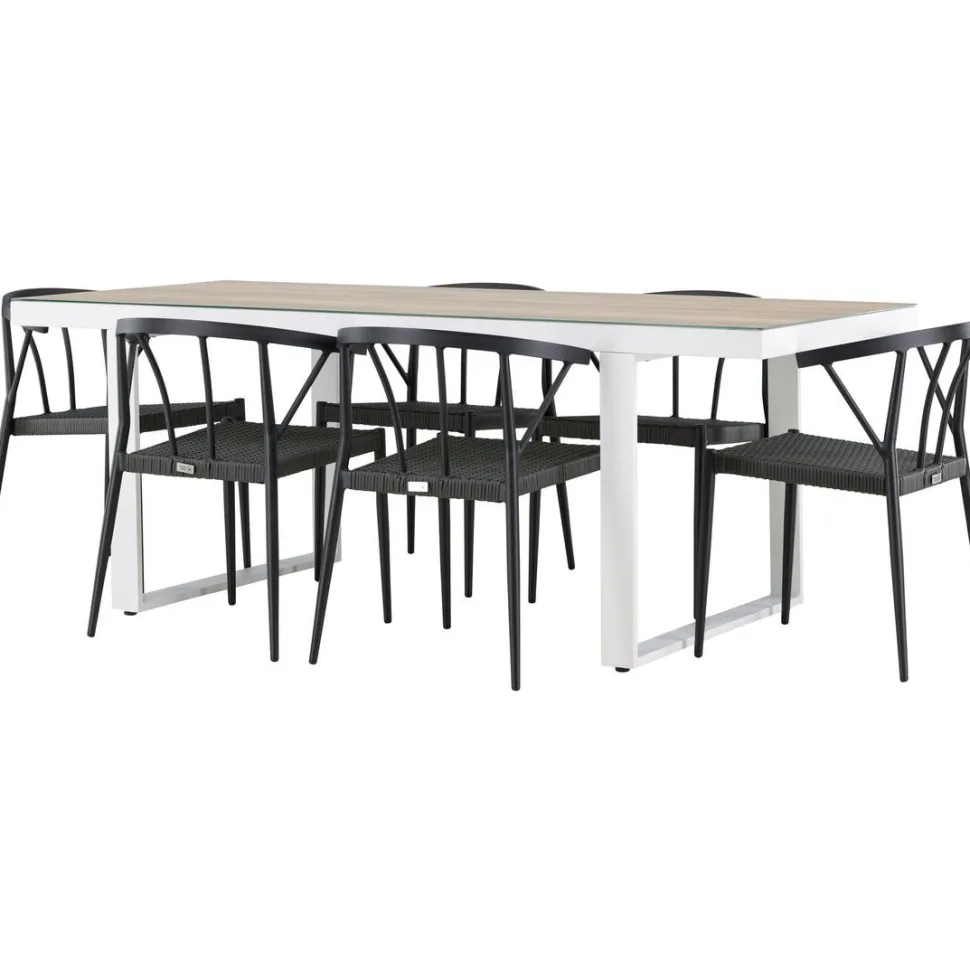 Ruokailuryhmä Venture Home, 200x90cm, beige/valkoinen Merlo-pöytä + 6 mustaa Stina-tuolia