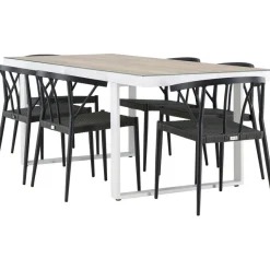 Ruokailuryhmä Venture Home, 200x90cm, beige/valkoinen Merlo-pöytä + 6 mustaa Stina-tuolia