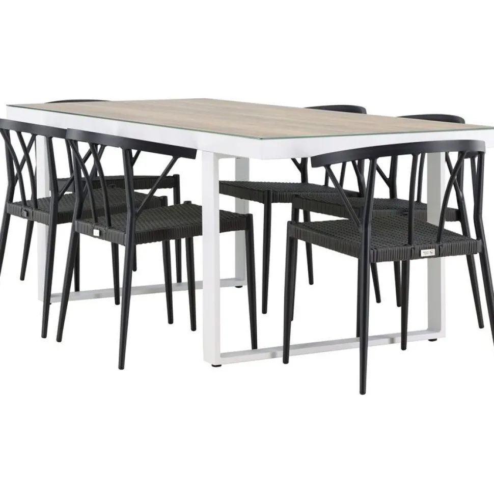 Ruokailuryhmä Venture Home, 200x90cm, beige/valkoinen Merlo-pöytä + 6 mustaa Stina-tuolia