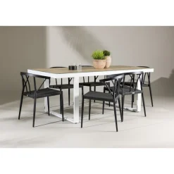 Ruokailuryhmä Venture Home, 200x90cm, beige/valkoinen Merlo-pöytä + 6 mustaa Stina-tuolia
