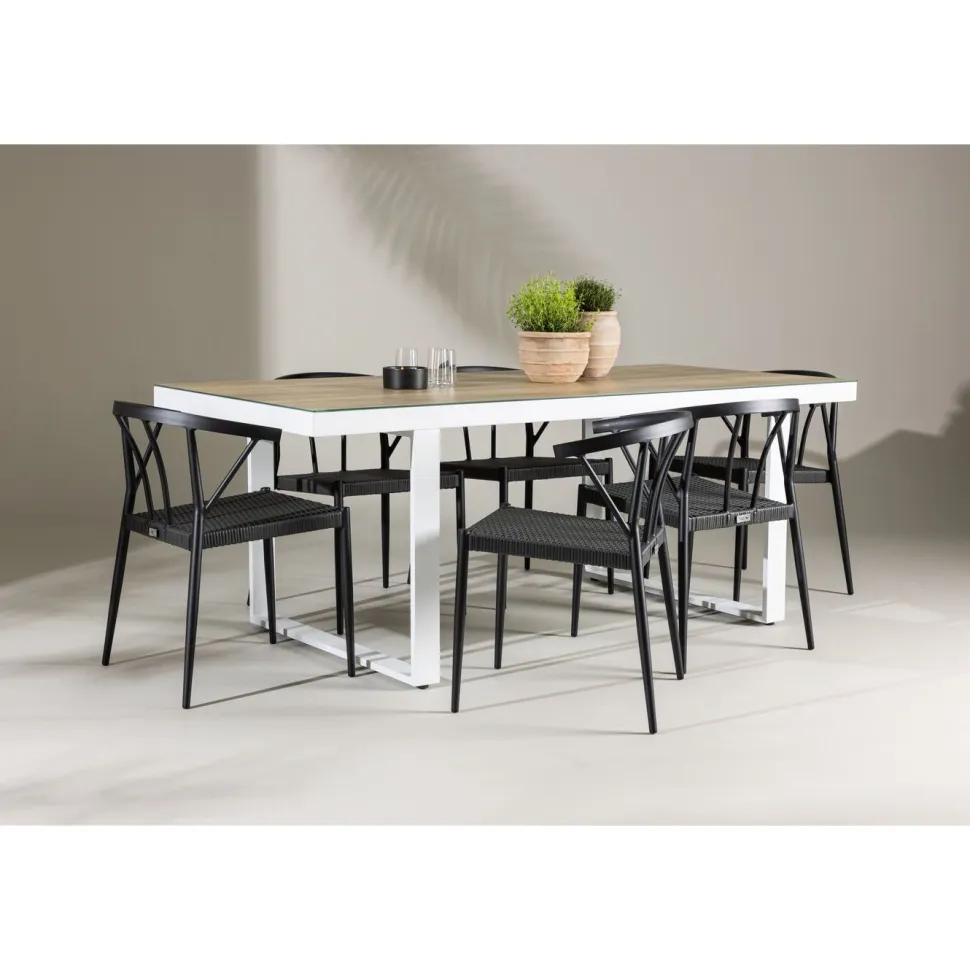 Ruokailuryhmä Venture Home, 200x90cm, beige/valkoinen Merlo-pöytä + 6 mustaa Stina-tuolia