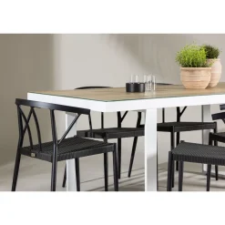 Ruokailuryhmä Venture Home, 200x90cm, beige/valkoinen Merlo-pöytä + 6 mustaa Stina-tuolia