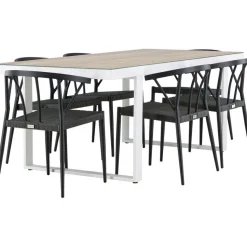 Ruokailuryhmä Venture Home, 200x90cm, beige/valkoinen Merlo-pöytä + 6 mustaa Stina-tuolia