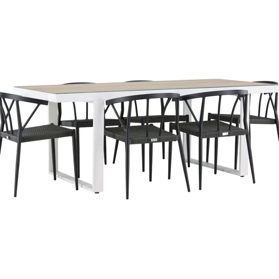 Ruokailuryhmä Venture Home, 200x90cm, beige/valkoinen Merlo-pöytä + 6 mustaa Stina-tuolia