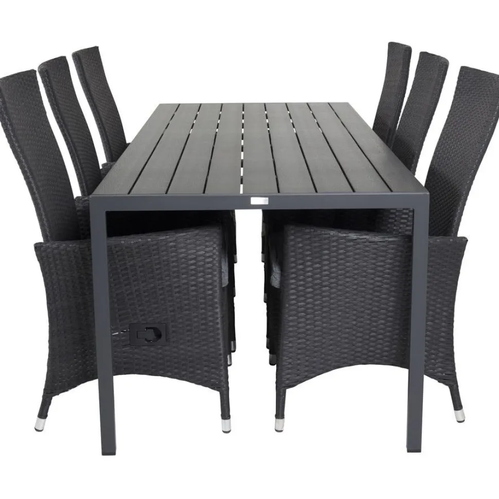 Ruokailuryhmä Venture Home, 205x90cm musta Break-pöytä + 6 mustaa Padova-säätötuolia