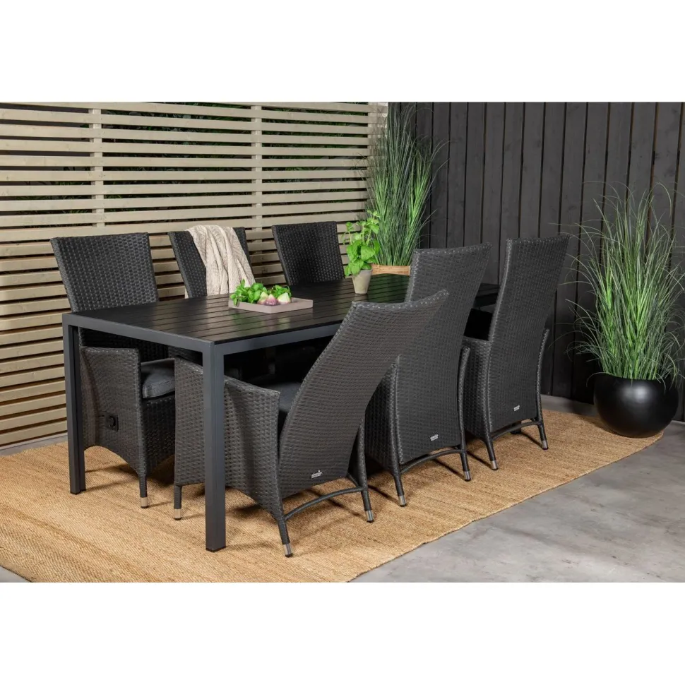 Ruokailuryhmä Venture Home, 205x90cm musta Break-pöytä + 6 mustaa Padova-säätötuolia