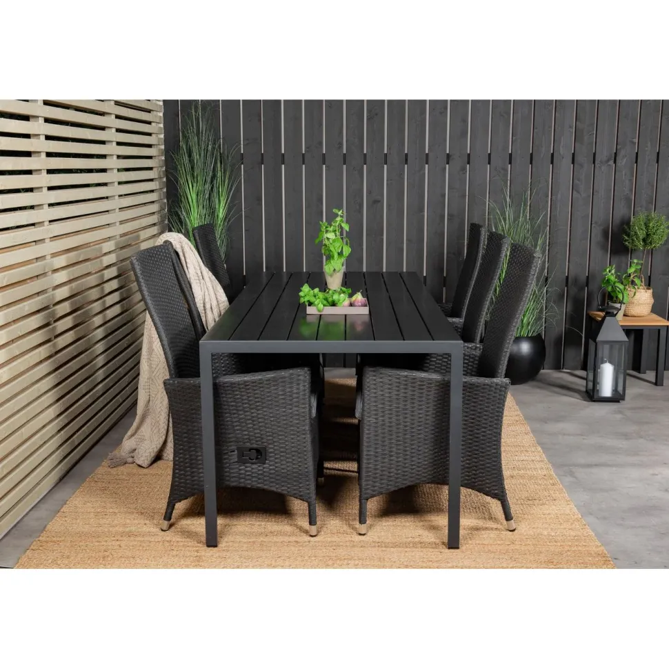 Ruokailuryhmä Venture Home, 205x90cm musta Break-pöytä + 6 mustaa Padova-säätötuolia