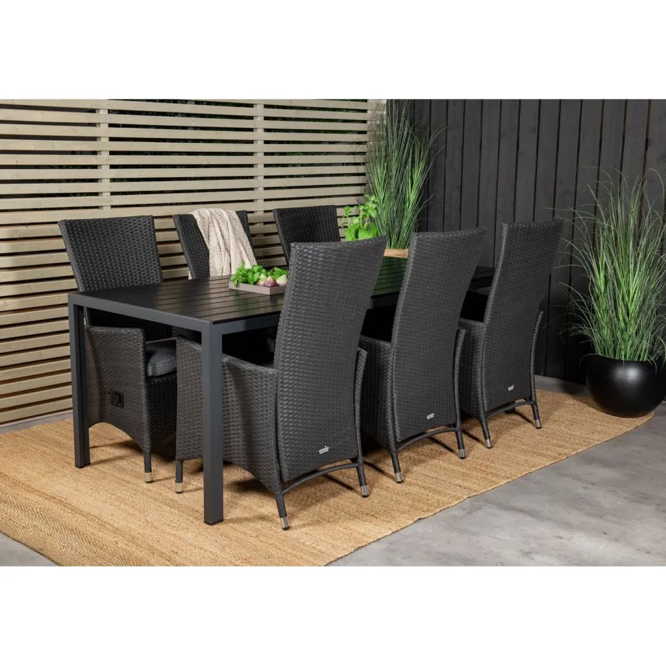 Ruokailuryhmä Venture Home, 205x90cm musta Break-pöytä + 6 mustaa Padova-säätötuolia
