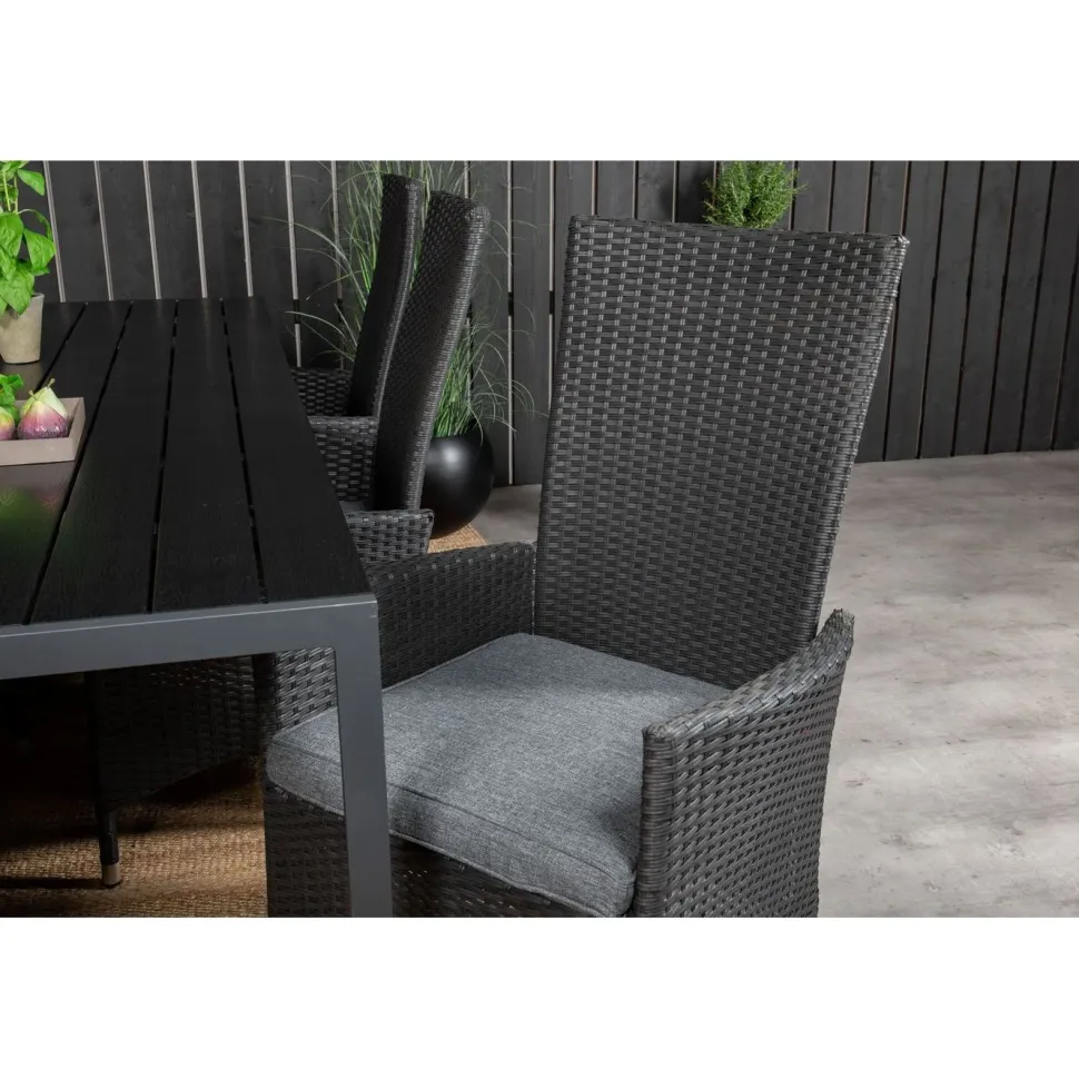Ruokailuryhmä Venture Home, 205x90cm musta Break-pöytä + 6 mustaa Padova-säätötuolia