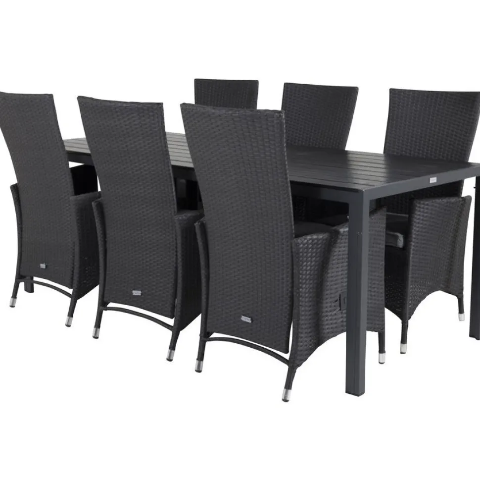 Ruokailuryhmä Venture Home, 205x90cm musta Break-pöytä + 6 mustaa Padova-säätötuolia