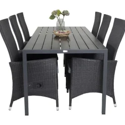 Ruokailuryhmä Venture Home, 205x90cm musta Break-pöytä + 6 mustaa Padova-säätötuolia