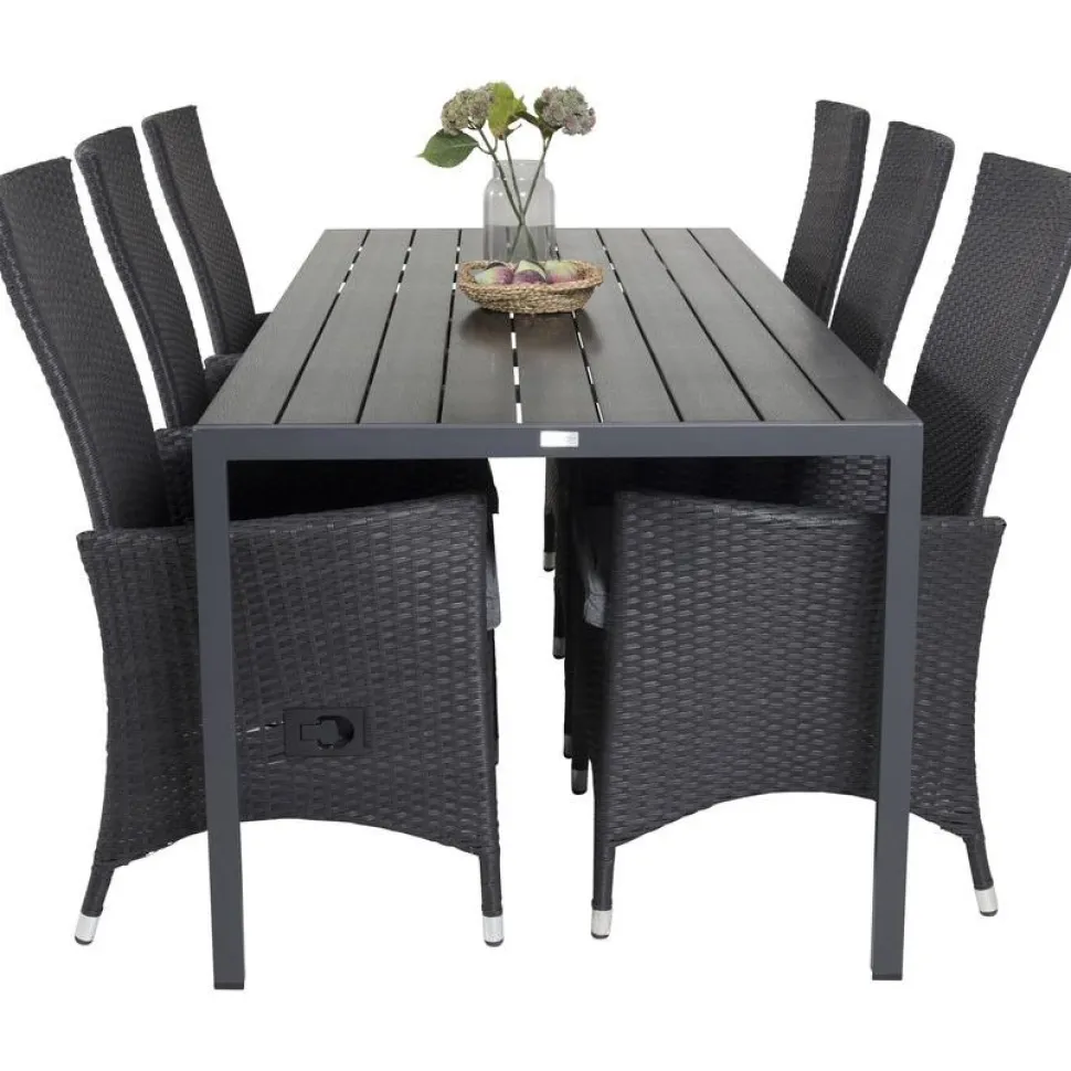 Ruokailuryhmä Venture Home, 205x90cm musta Break-pöytä + 6 mustaa Padova-säätötuolia