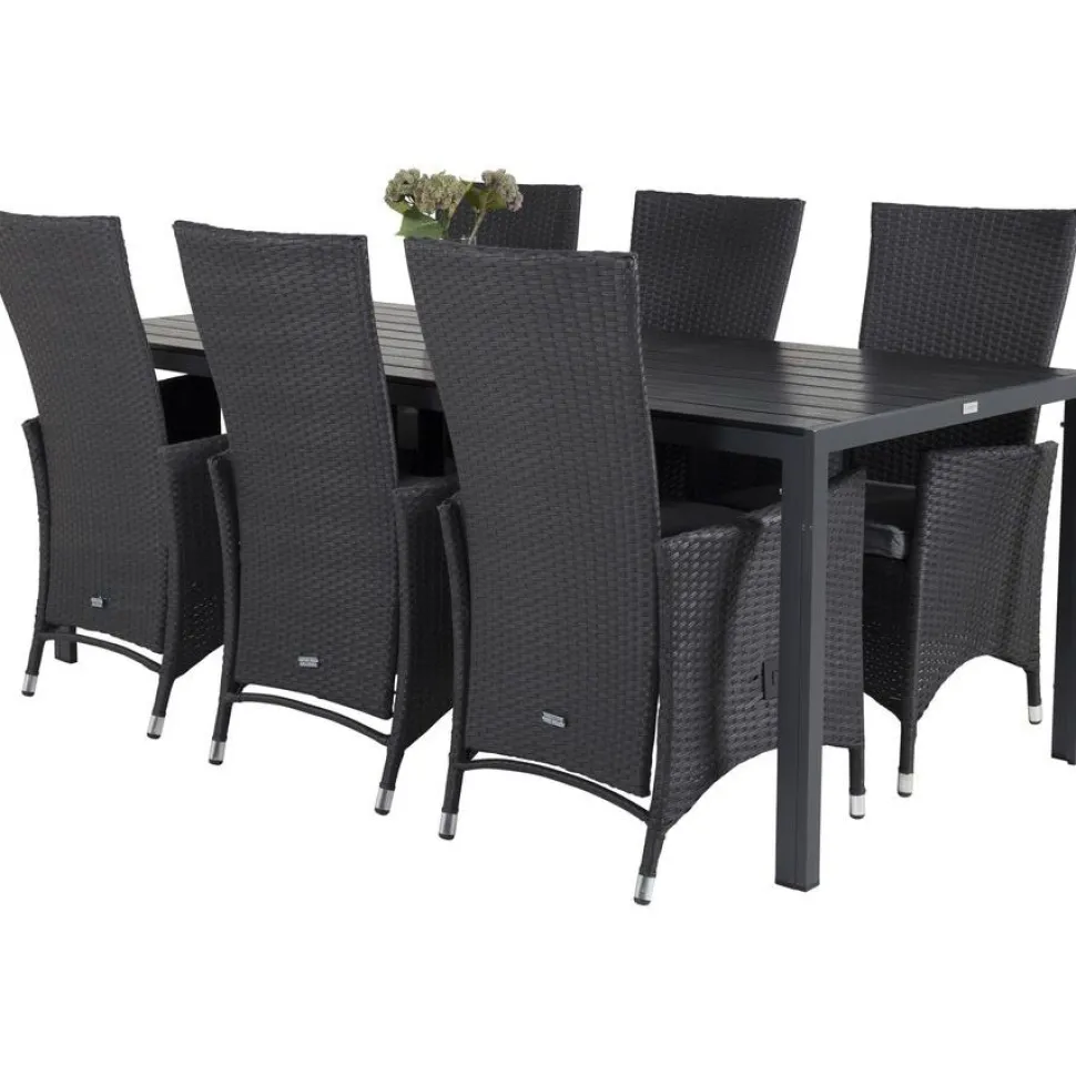 Ruokailuryhmä Venture Home, 205x90cm musta Break-pöytä + 6 mustaa Padova-säätötuolia