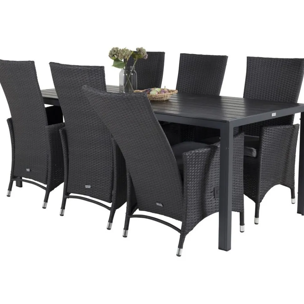 Ruokailuryhmä Venture Home, 205x90cm musta Break-pöytä + 6 mustaa Padova-säätötuolia