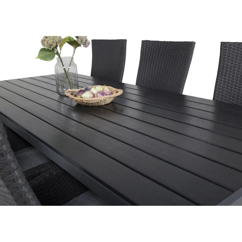 Ruokailuryhmä Venture Home, 205x90cm musta Break-pöytä + 6 mustaa Padova-säätötuolia