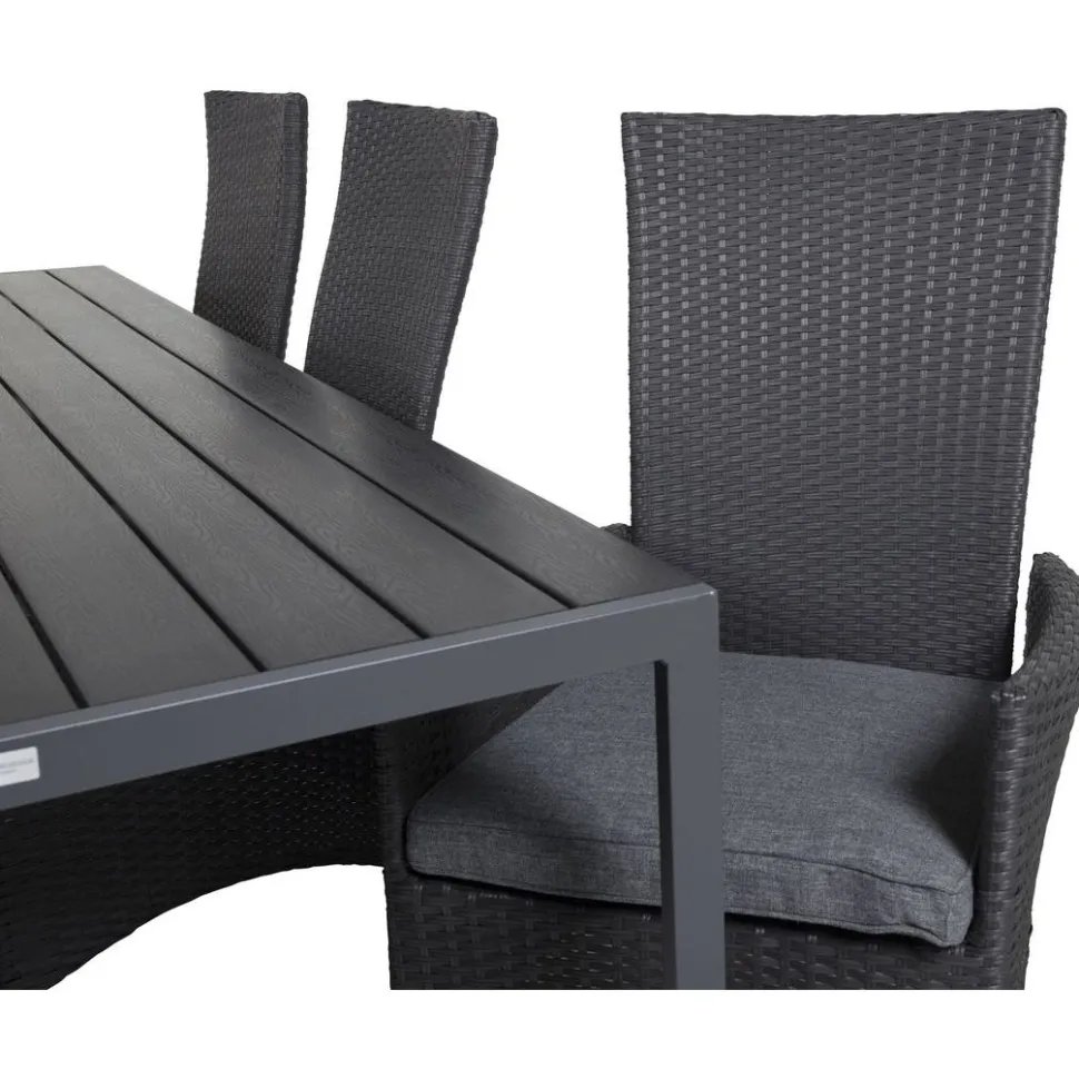 Ruokailuryhmä Venture Home, 205x90cm musta Break-pöytä + 6 mustaa Padova-säätötuolia