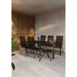 Ruokailuryhmä Venture Home, 200x90cm musta Giardini-pöytä + 6 mustaa Levanzo-tuolia