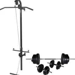 Seinään kiinnitettävä kuntolaite levytanko- ja käsipainosarjalla, 60.5kg