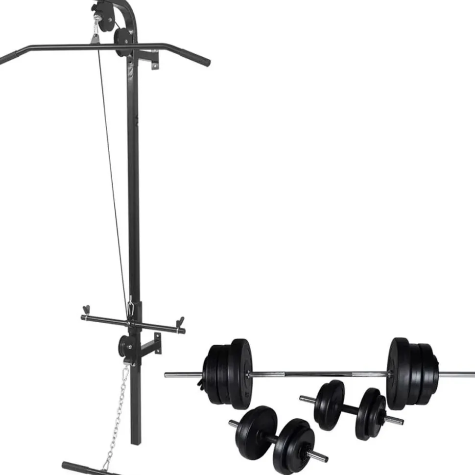 Seinään kiinnitettävä kuntolaite levytanko- ja käsipainosarjalla, 60.5kg