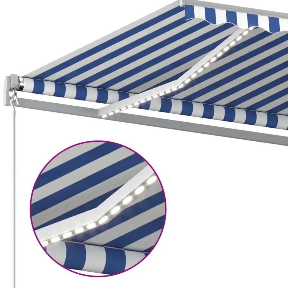 Sisäänkelattava markiisi 2 LEDillä 300x250cm sininen/valkoinen