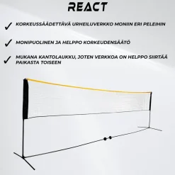 Sulkapalloverkko React Korkeus Säädettävä, sis. kantolaukku ja maakiilat, 500x80 cm