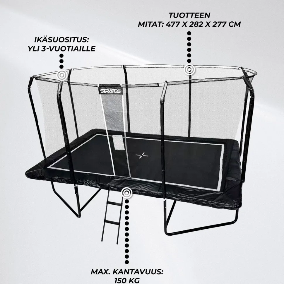 Suorakaide Trampoliini Stratos Premium Black Line, 275x427 cm, sis. portaat ja turvaverkko