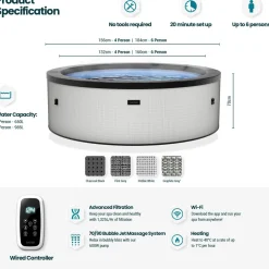 Ulkoporeallas Wave Spa Tahoe, 4 hlöä, 70 suutinta, WiFi, pyöreä, koottava, valkoinen